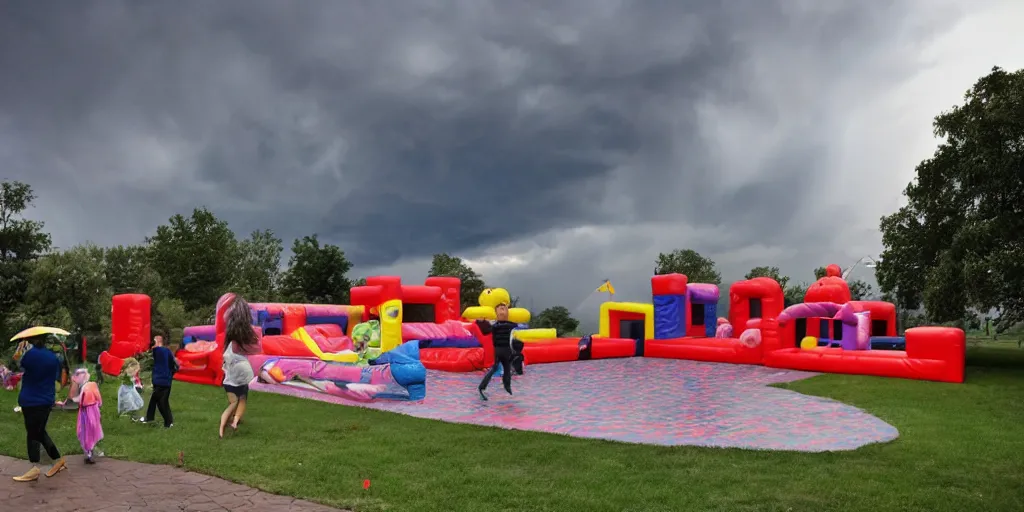 Image similar to a bouncy castle with children inside blowing in the wind during a violent thunderstorm, hyperreal