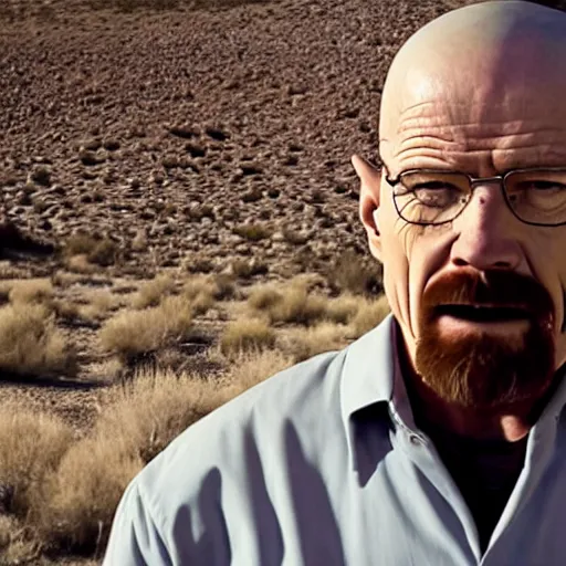 Image similar to breaking bad still frame of walter white in shock with his mouth opened, desert background, breaking bad