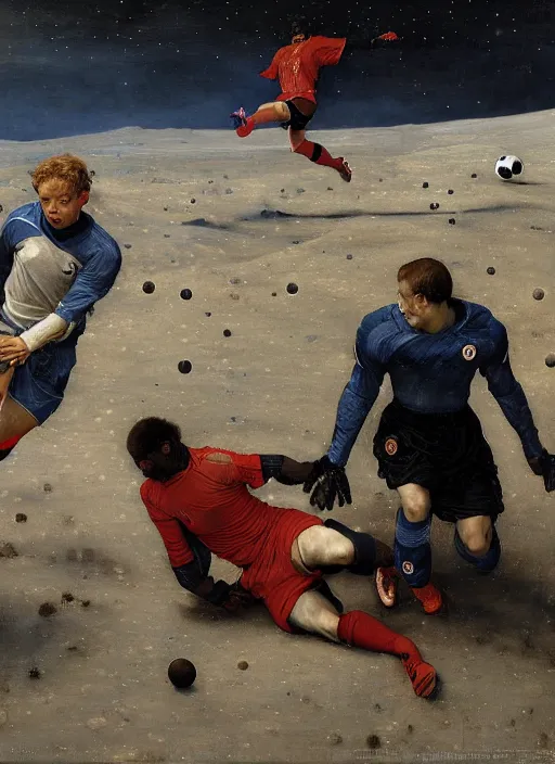 Image similar to a soccer match on the moon by edgar maxence and caravaggio and michael whelan and delacroix style, artistic, intricate painting, cinematic lighting, hyper realistic, extremely detailed, establishing shot, 8 k resolution, dramatic lighting