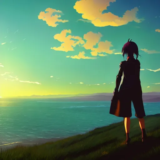 Image similar to A cyborg girl standing on the hill looking at the sea with a sunset in style of Makoto Shinkai and Cyberpunk. ArtStation, 8K, Highly Detailed, Intricate, Album Art.