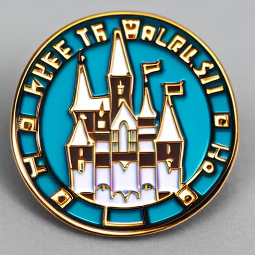 Prompt: enamel pin of the disney world castle, product photography. white background