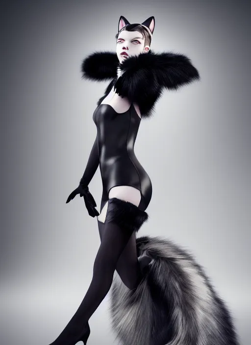 Image similar to full body environmental portrait photo of dressed catgirl anya taylor - joy, cat ears made from fur, glamour shot by gemmy woud - binnendijk, chris knight, photorealistic, canon r 3, fashion photography, elegant, luxury and elite, symmetry, octane render, unreal engine, solid dark grey background, dramatic lights, high fashion journal cover