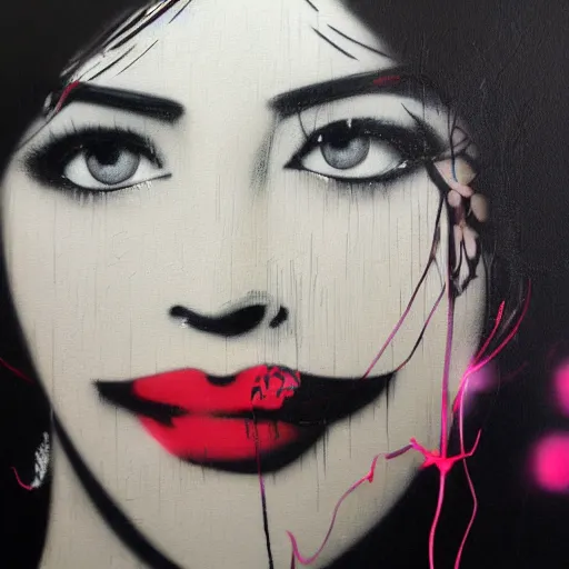 Image similar to graffiti portrait of beautiful female, close up face, by Banksy, trending on Artstation