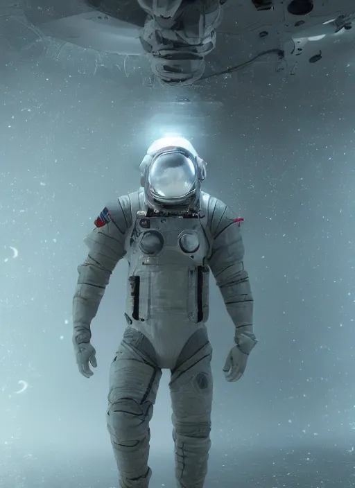 Image similar to concept art by craig mullins infrared complex and hyperdetailed technical astronaut suit in futuristic dark and empty spaceship underwater. reflection and dispersion materials. rays and dispersion of light. volumetric light. 5 0 mm, f / 3 2. noise film photo. flash photography. unreal engine 4, octane render. interstellar movie art