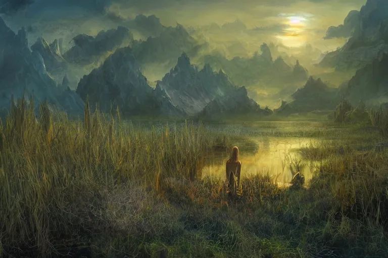 Prompt: fantasy painting, dungeons and dragons, a faerie village, swamp reeds wetland marsh sunset estuary, with ominous shadows, an egret by jessica rossier and brian froud cinematic painting