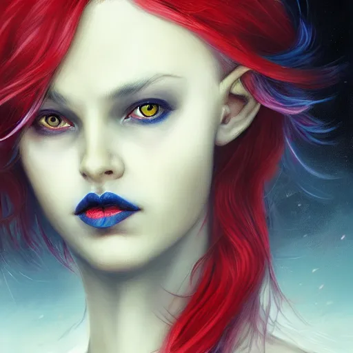 Image similar to A detailed matte oil on canvas head on symmetrical portrait of a distinguished elven woman with red and blue hair on an empty background, by Charlie bowater, Lise Deharme, Wlop, trending on artstationhd, dungeons and dragons art, parted hair , half blue, half red , split dye, critical role