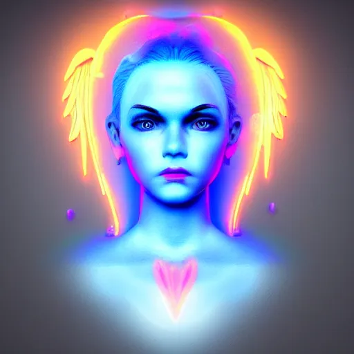 Image similar to angel spirit guide, cartoon portrait made out of rain, realistic, highly detailed, neon, rendered in octane, unreal engine, beautiful, trending on artstation,