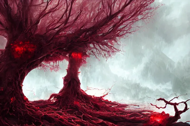 Image similar to a giant rotting tree with crimson water flowing through its roots surrounded by moths, concept art, digital painting, trending on artstation, deviantart, highly detailed, perfect composition, dramatic lighting, sharp focus, 8 k uhd