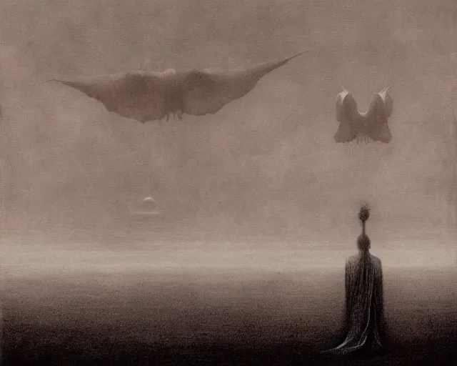 Image similar to giant terrifying birds god above a sky, scary, foreboding, mysterious minimalistic, by beksinski