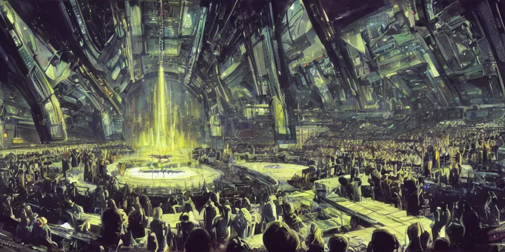 Prompt: aliens praying in a futuristic church, concept art by Ralph McQuarrie, by John Berkey, oil on canvas, highly detailed, science fiction