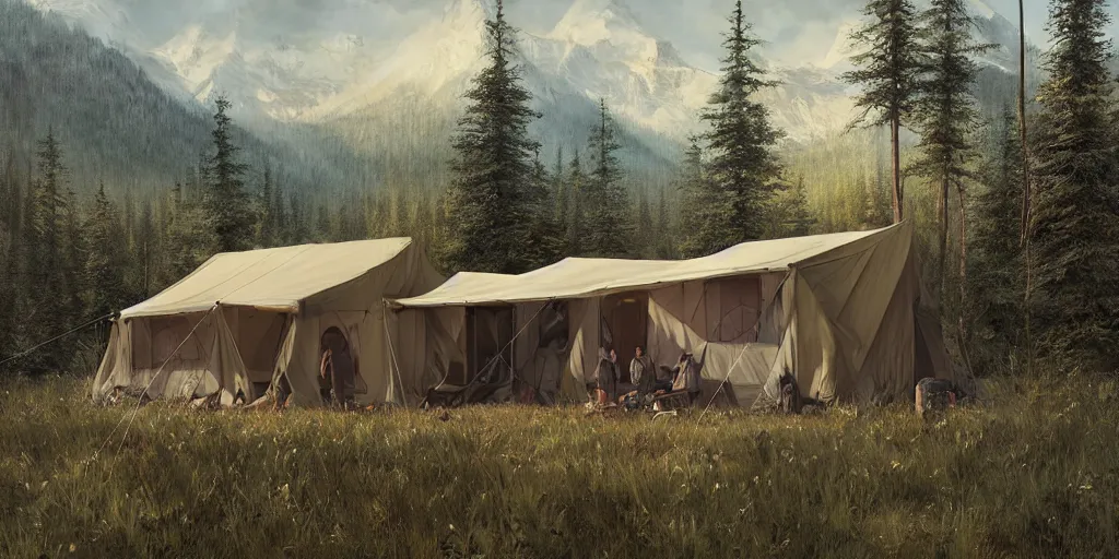 Image similar to cabela's tent fabric shelled pop up family dwelling unit, cabin, modular, person in foreground, mountainous forested wilderness open fields, beautiful views, painterly concept art, joanna gaines, environmental concept art, farmhouse, magnolia, concept art illustration by ross tran, james gurney, by craig mullins, by greg rutkowski