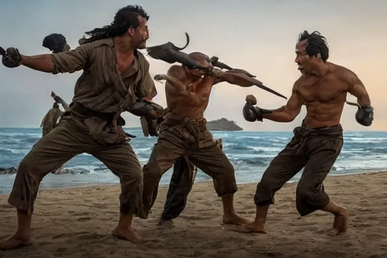 Image similar to film still of the best fight scene from the new pacific movie, set in dubai