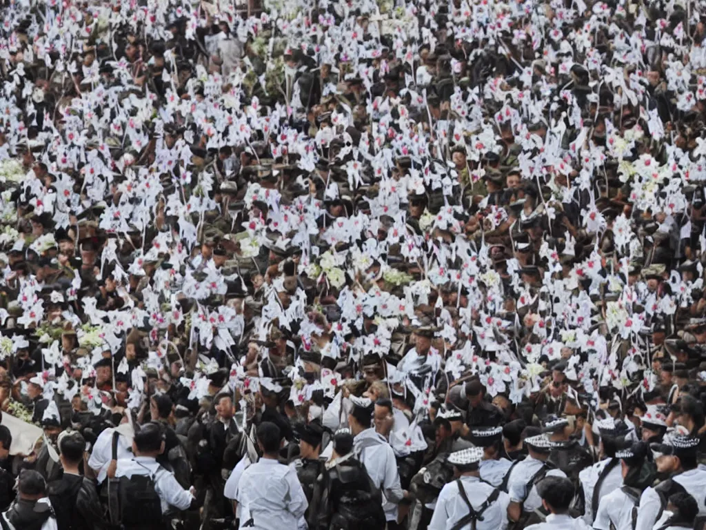 Prompt: military dictatorship with peace symbols, police state with flowers coming from mouth