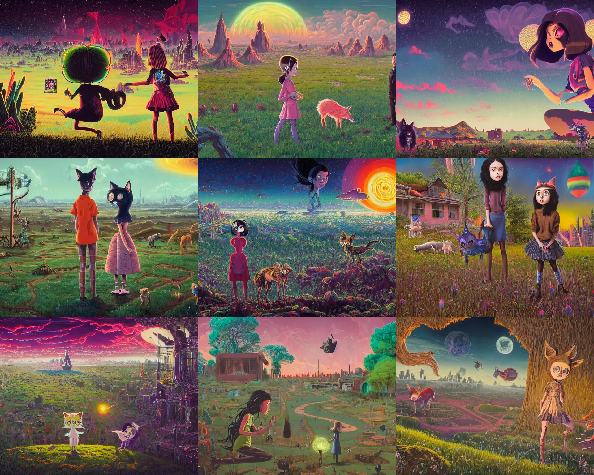 Prompt: one magical quantum coyote warns one innocent black haired girl of apocalyse. intricate, 8 k detail, animation cinematic, superflat, anime character, matte sharp painting, pastoral backyard setting, urban view in the distance, ultrafine hyperdetailed illustration, pop art, gary baseman, dan mumford, pedro correa, jon macnair, mad magazine