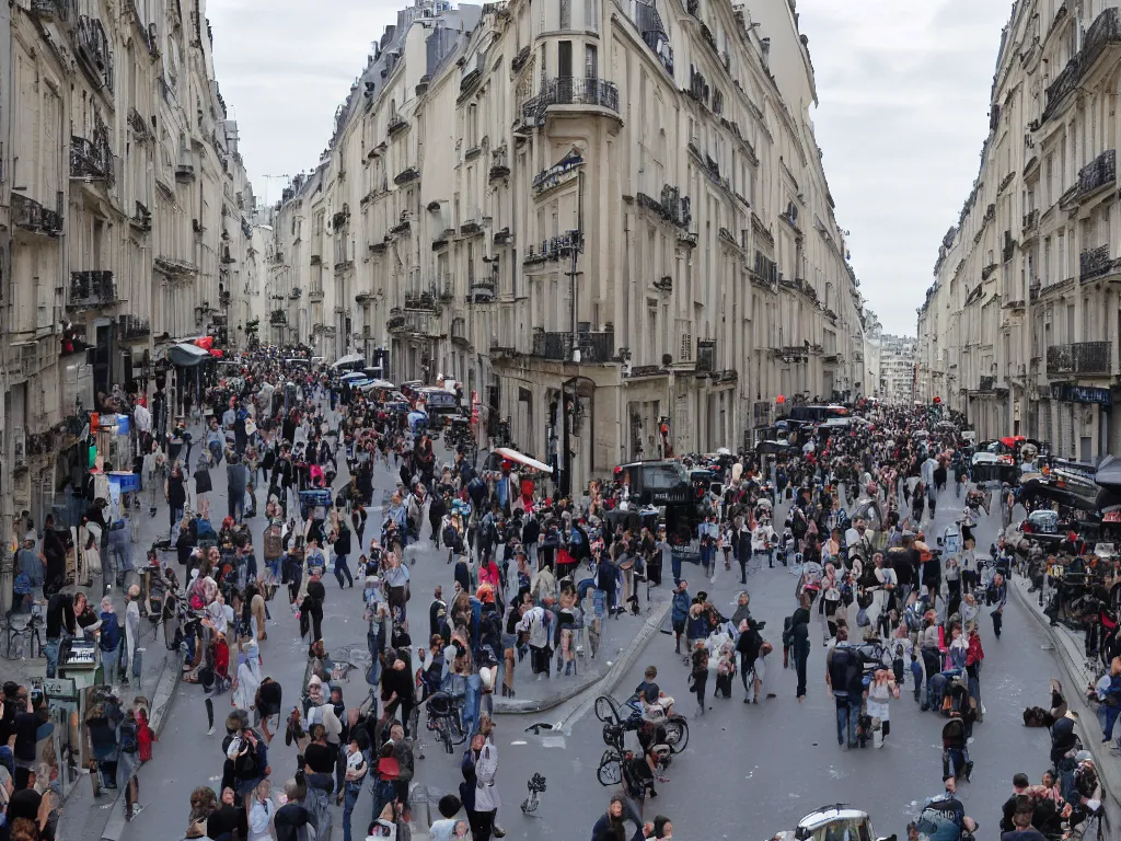 Prompt: rue parmentier with traffic and people partying