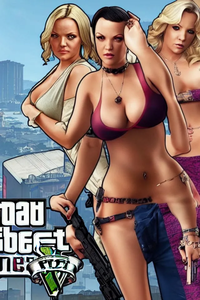 Image similar to A GTA 5 game loading screen featuring Alexis Texas and CHAPPIE
