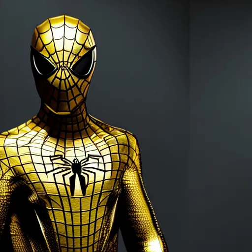 Image similar to gold spider - man suit with black web lining, cinematic, volumetric lighting, realistic, hyperdetailed, photorealistic, photograph