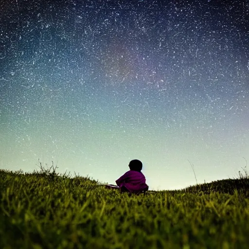 Prompt: a boy lays on a grassy field and stares up at a detailed dark, night sky filled with stars