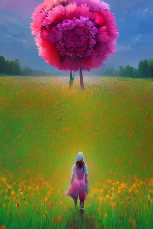 Prompt: giant flower head, girl walking in a flower field, surreal photography, sunrise, dramatic light, impressionist painting, colorful clouds, digital painting, artstation, simon stalenhag