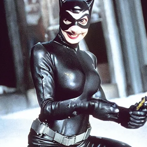 Image similar to “a still of Nathan Fielder as Catwoman in Batman Returns”