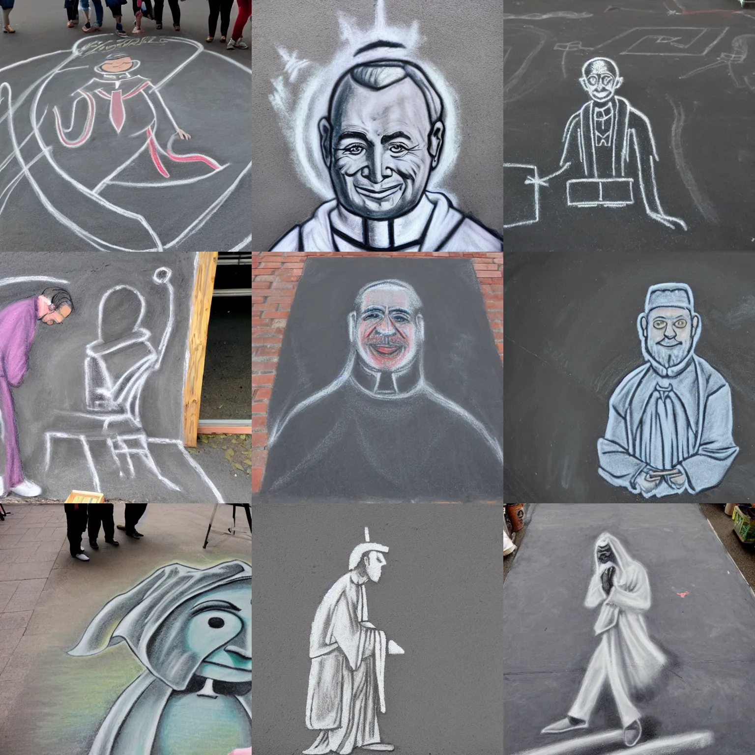 Prompt: chalk art showing a priest