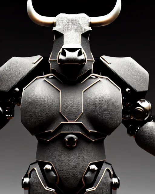 Image similar to a full body shot of an imposing cyborg bull modeled after a bull looking into the camera, contrast lighting, black skin!!!, intricate pattern, hard rubber chest, highly detailed, android, cyborg, full body shot, intricate, 3 d, symmetrical, octane render, fantasy, highly detailed, digital art, artstation, strong bokeh, black face