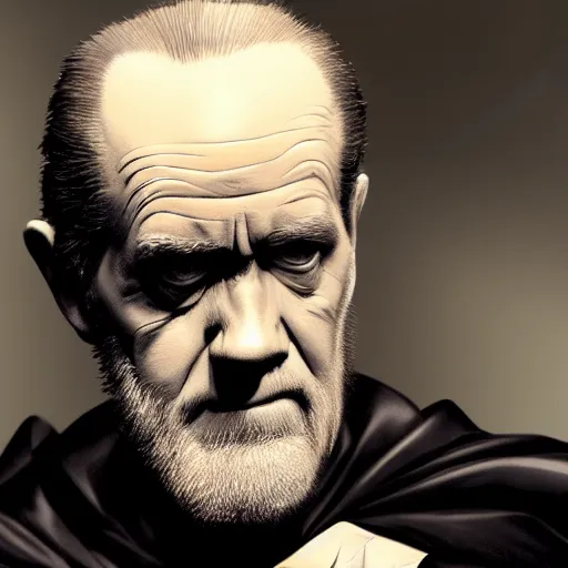 Image similar to george carlin as batman, fully body, digital art, epic scenery, 8 k, highly detailed, george carlin playing as batman, trending on art station