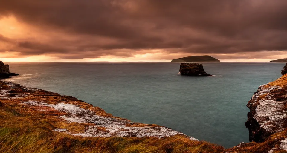 Prompt: beautiful Scotland landscape photography in sunset, cliffs, sea, dramatic sky, 500px, award winning, moody