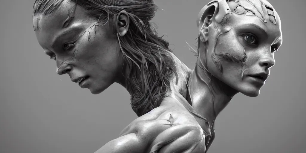 Prompt: photorealistic gorgeous symmetrical female cyborg, holding intimately, highly detailed, intricate detailing, torso, neck, knees, in the style of, beth cavener, jin kagetsu, wlop, masterpiece, concept art, high key lighting, ambient lighting, octane render, 8 k, artstation