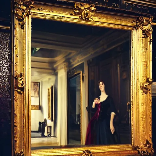 Image similar to a masterpiece painting of a beautiful victorian woman is frightened by her doppleganger in a mirror. she is in a long hallway of mirrors. elegant design, haunting atmosphere, dimly lit, gothic, horror style, realistic, low angle, 3 / 4 view.