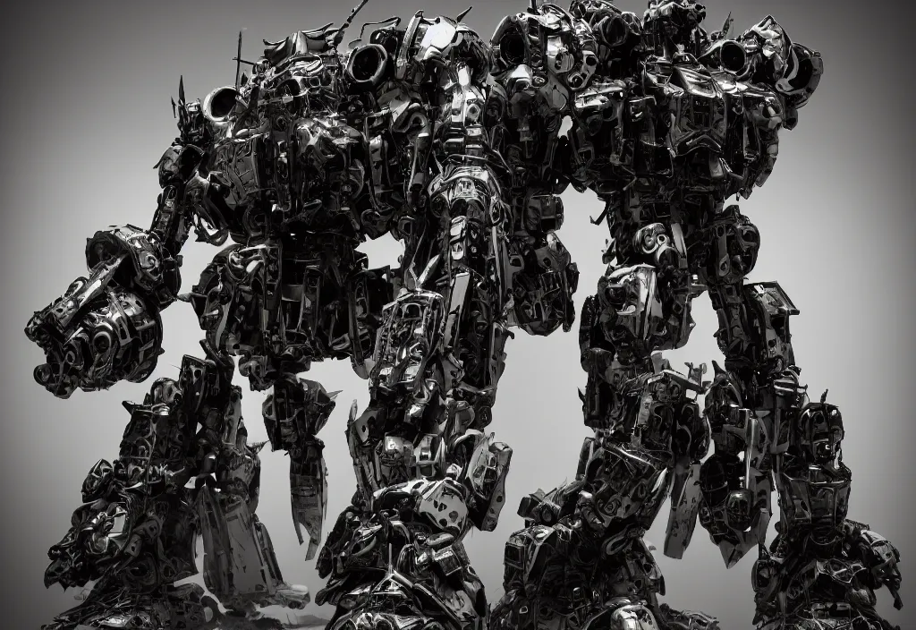 Image similar to giant mech, in the style of kow yokoyama, mecha, made of polychrome plaster stucco, covered in black shiny metallic paint, middle eastern details, cracked, chiaroscuro lighting, gyokugan, dirty, faceted style patterns, realistic, highly detailed, photography, high contrast, masterpiece, octane render,