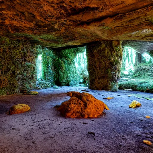 Prompt: abandoned ancient mossy angular rock interior, large open room, gentle blue and orange lighting, angular design