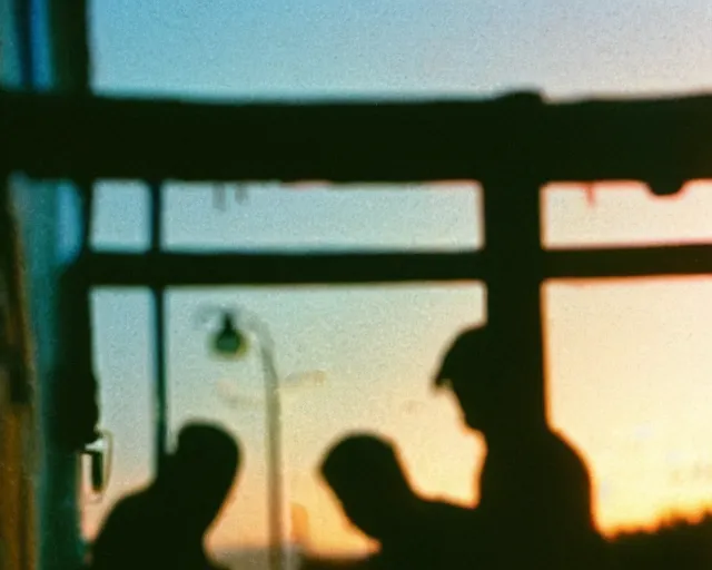 Image similar to lomo photo of pair standing on small hrushevka balcony full with cigarette smoke in small russian town looking at sunset, cinestill, bokeh