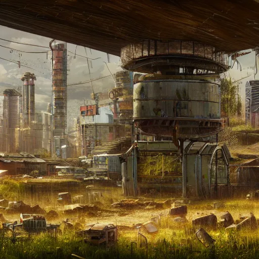 Image similar to fully detailed landscape of a cyberpunk farm , watertank, futuristic tractors, farmhouse, mushroom, overgrowth, Ai , in the future, high quality, 8k , octane render, trending on artstation , greg rutowski