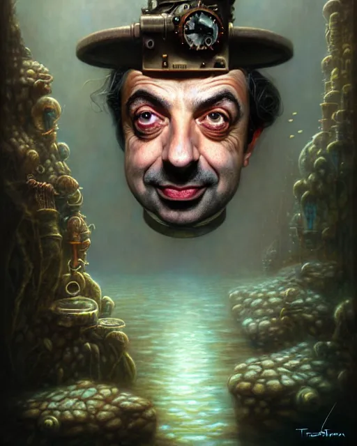 Image similar to underwater steampunk portrait of rowan sebastian atkinson, by tomasz alen kopera and peter mohrbacher