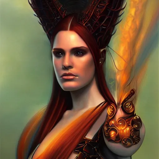 Image similar to A stunning portrait of a fire goddess by Jim Burns, fantasy, Trending on artstation.