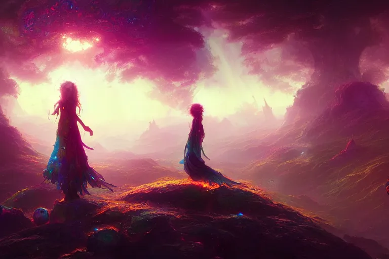 Image similar to a psychedelic realm at the edge of the known universe, astral beings sharing love, in the style of greg rutkowski and wlop and lisa frank and bob ross and ruan jia, illustration, epic, fantasy, hyper detailed, smooth, unreal engine, sharp focus, ray tracing