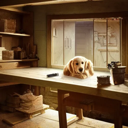 Image similar to highly detailed oil painting | very intricate | cinematic lighting | award - winning | golden retriever working as a simple carpenter fine craftsman | building a wooden table in their well organized clean workshop | beautiful cinematic light, american romanticism, by huang guangjian, gil elvgren, ruan jia, randy vargas, greg rutkowski, artstation, cgsociety, official art, octane