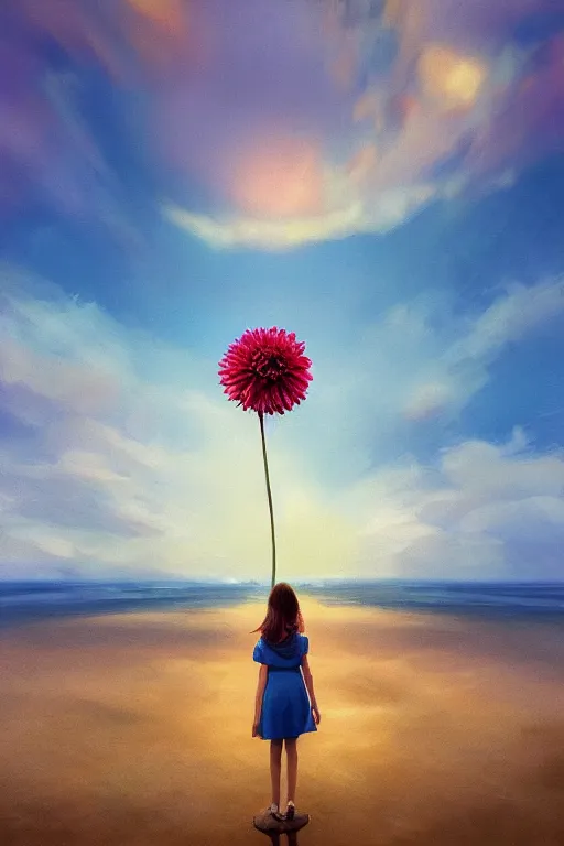 Image similar to closeup giant dahlia flower head, girl standing on beach, surreal photography, blue sky, sunrise, dramatic light, impressionist painting, digital painting, artstation, simon stalenhag