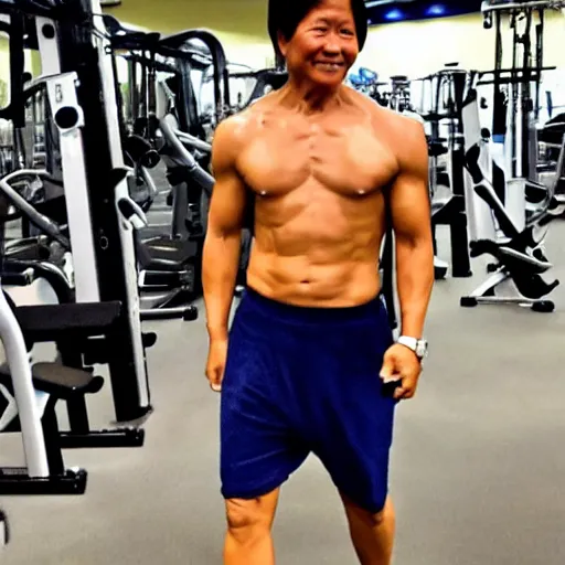 Image similar to bongbong marcos as gigachad flexing at the gym, muscular, on steroids,