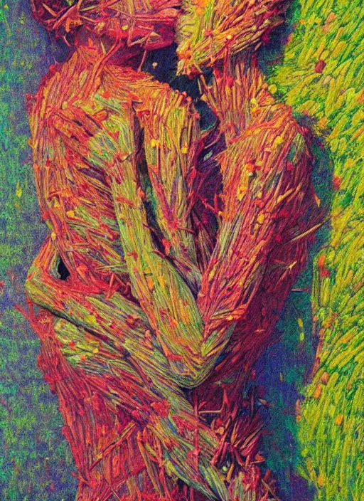 Image similar to portrait of women made of twigs and colorful flowers hugging Edward Hopper and James Gilleard, Zdzislaw Beksinski, highly detailed