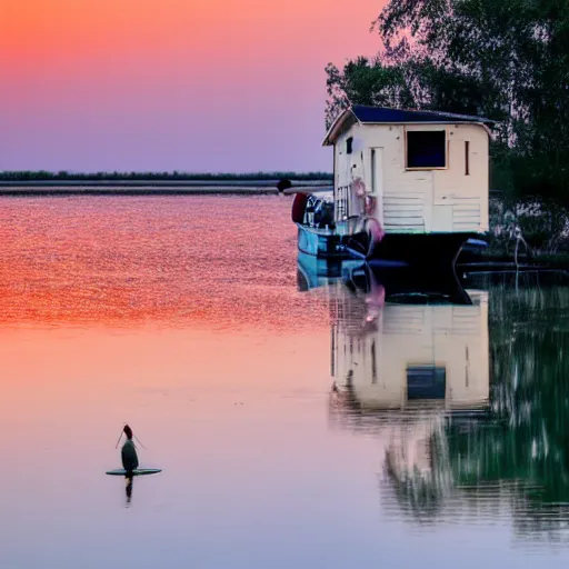 Prompt: scarecrow fishing off a house boat on a red river, dawn, birds in the air, misty, peaceful,