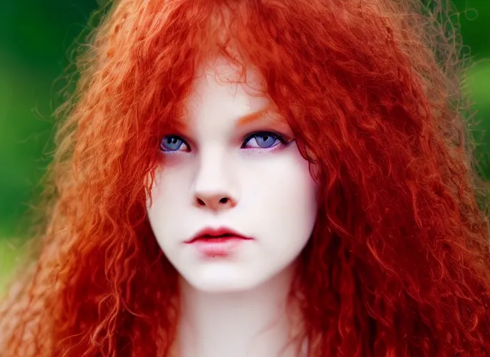 Prompt: award winning 5 5 mm close up face portrait photo of an anesthetic cute redhead with small nose, blood - red wavy hair, intricate eyes, in a park by luis royo