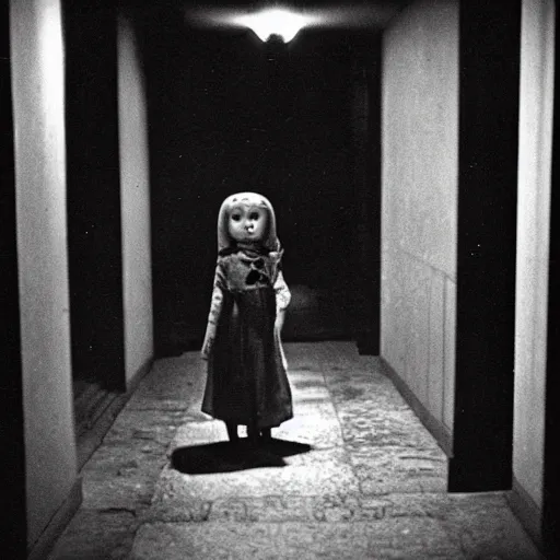 Image similar to creepy vintage doll in darkly lit hallway photo by william mortensen