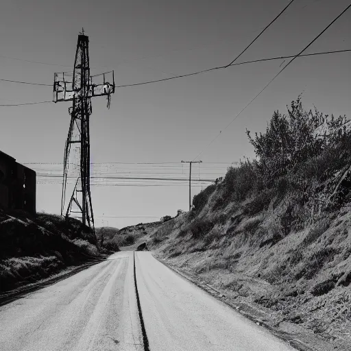 Prompt: a road next to warehouses, and a hill behind it with a radio tower on top, red tint