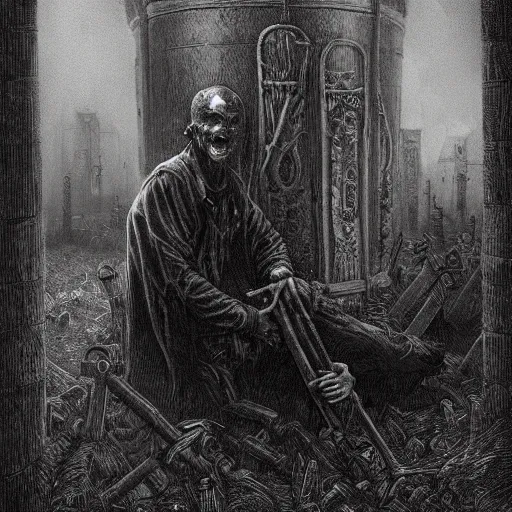 Image similar to 9 steel barrels in a graveyard, zombies, creepy atmosphere, dark, portrait, realistic, very realistic, illustration by gustave dore