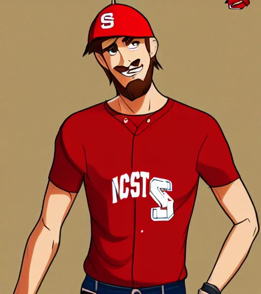 Image similar to tall skinny white guy with very short blonde beard wearing a nc state red baseball cap and red shirt full color digital illustration in the style of don bluth, artgerm, artstation trending, 4 k