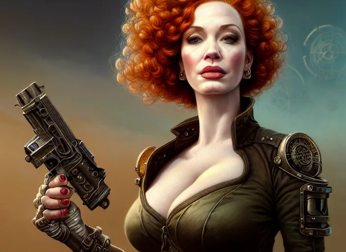 Image similar to portrait shot of christina hendricks in fallout new vegas, intricate, elegant, highly detailed, centered, digital painting, artstation, concept art, smooth, sharp focus, illustration, artgerm, tomasz alen kopera, peter mohrbacher, donato giancola, joseph christian leyendecker, wlop, boris vallejo