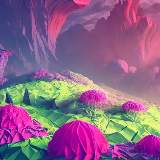 Image similar to an epic flowering alien landscape in the style of origami, 8 k, cinematic light, artstation