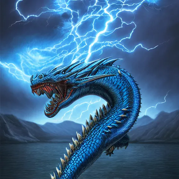 Image similar to blue dragon ghost, lightning, lake background, gerald brom, hyper detailed, 8 k, fantasy, dark, grim